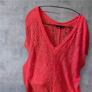 BCBG Maxazria Crocheted Linen Cotton Blend Bohemian Top Pink Lge Oversized Retro